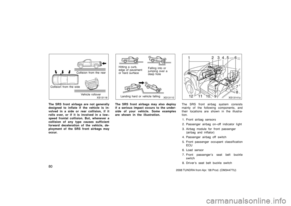 TOYOTA TUNDRA 2008 2.G Owners Manual 80
2008 TUNDRA from Apr. ’08 Prod. (OM 34477U)
XS13118
Collision from the rear
Collision from the side Vehicle rollover
The SRS front airbags are not generally
designed to inflate if the vehicle is TOYOTA TUNDRA 2008 2.G Owners Manual 80
2008 TUNDRA from Apr. ’08 Prod. (OM 34477U)
XS13118
Collision from the rear
Collision from the side Vehicle rollover
The SRS front airbags are not generally
designed to inflate if the vehicle is