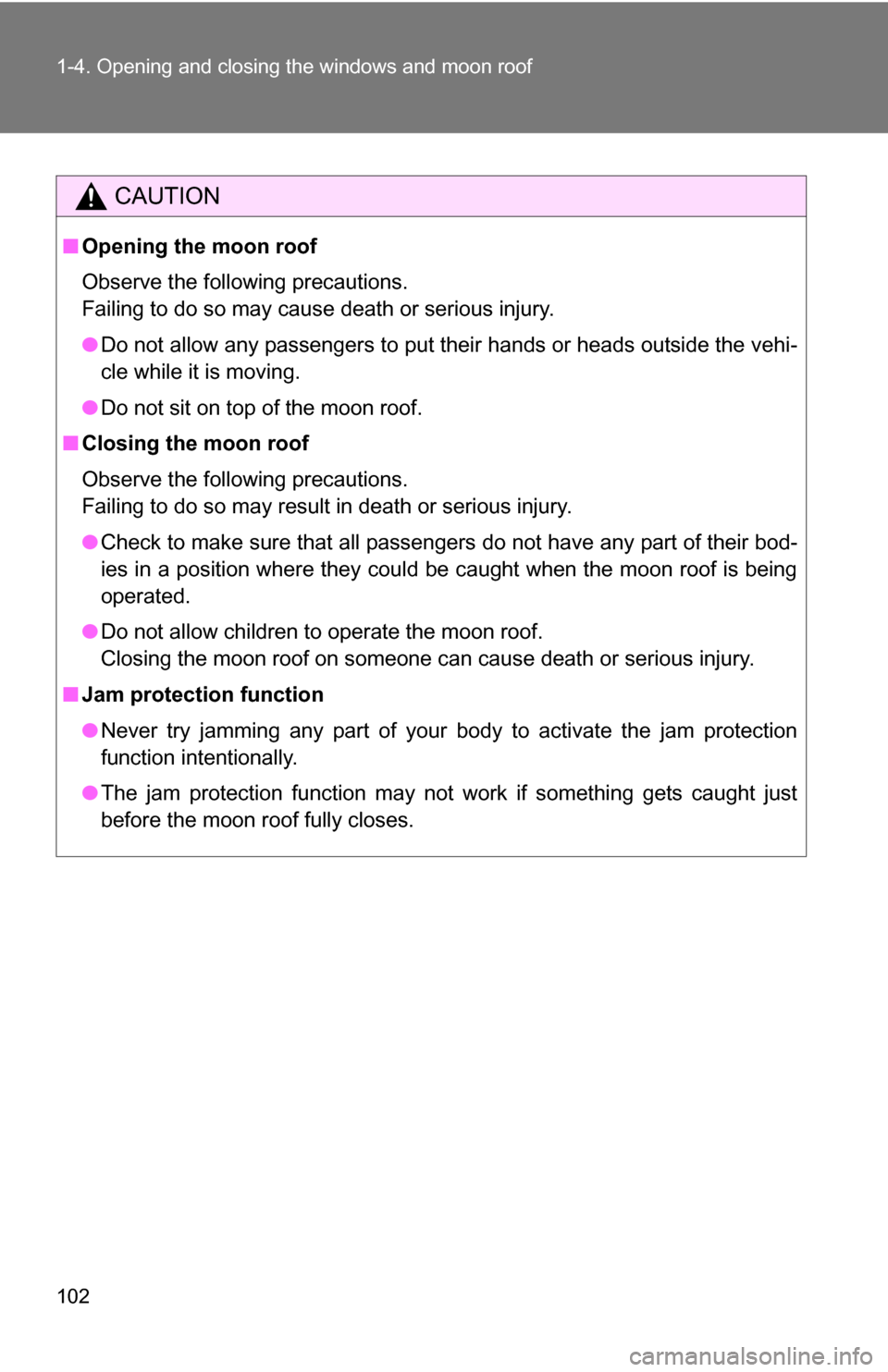 TOYOTA TUNDRA 2009 2.G Owners Manual 102 1-4. Opening and closing the windows and moon roof
CAUTION
■Opening the moon roof
Observe the following precautions.
Failing to do so may cause death or serious injury.
●Do not allow any passe