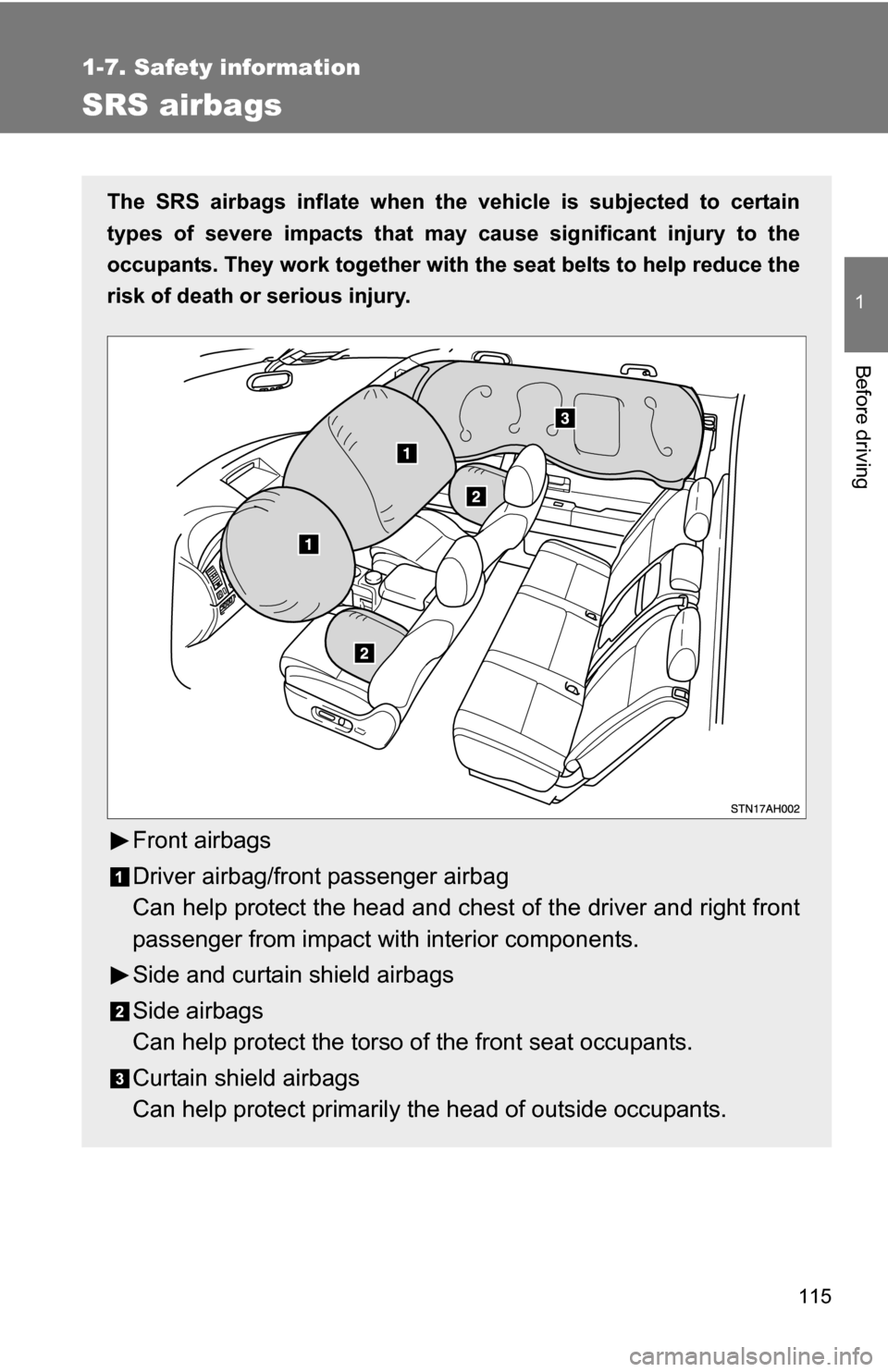 TOYOTA TUNDRA 2009 2.G Owners Manual 115
1
1-7. Safety information
Before driving
SRS airbags
The SRS airbags inflate when the vehicle is subjected to certain
types of severe impacts that may  cause significant injury to the
occupants. T
