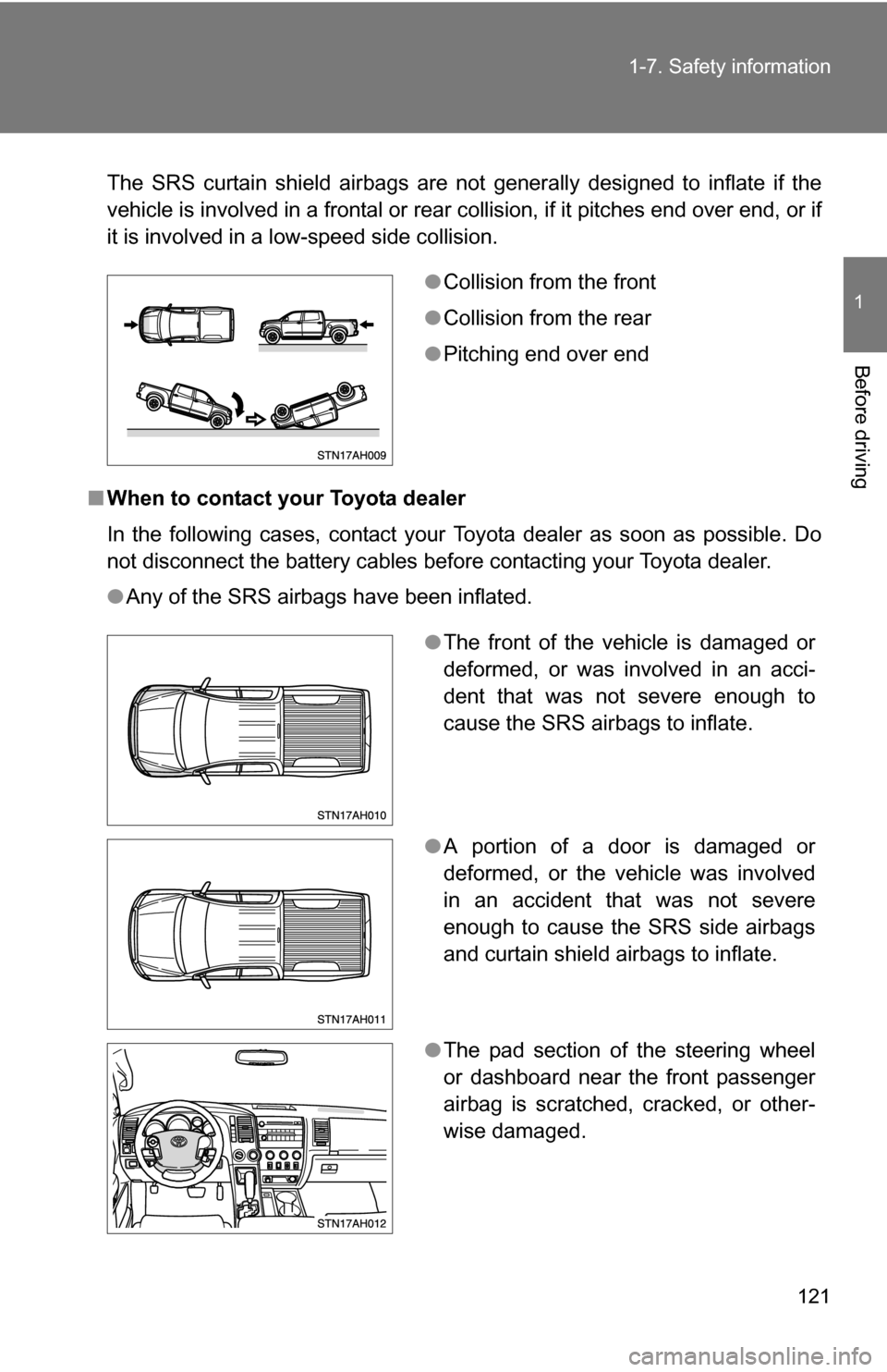 TOYOTA TUNDRA 2009 2.G Owners Manual 121
1-7. Safety information
1
Before driving
The SRS curtain shield airbags are not generally designed to inflate if the
vehicle is involved in a frontal or rear co
llision, if it pitches end over end TOYOTA TUNDRA 2009 2.G Owners Manual 121
1-7. Safety information
1
Before driving
The SRS curtain shield airbags are not generally designed to inflate if the
vehicle is involved in a frontal or rear co
llision, if it pitches end over end