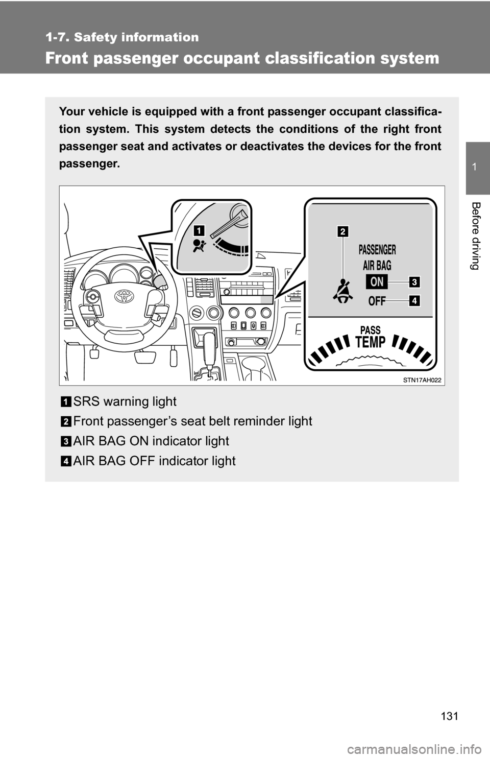 TOYOTA TUNDRA 2009 2.G Owners Manual 131
1
1-7. Safety information
Before driving
Front passenger occupant classification system
Your vehicle is equipped with a front passenger occupant classifica-
tion system. This system detects the  c