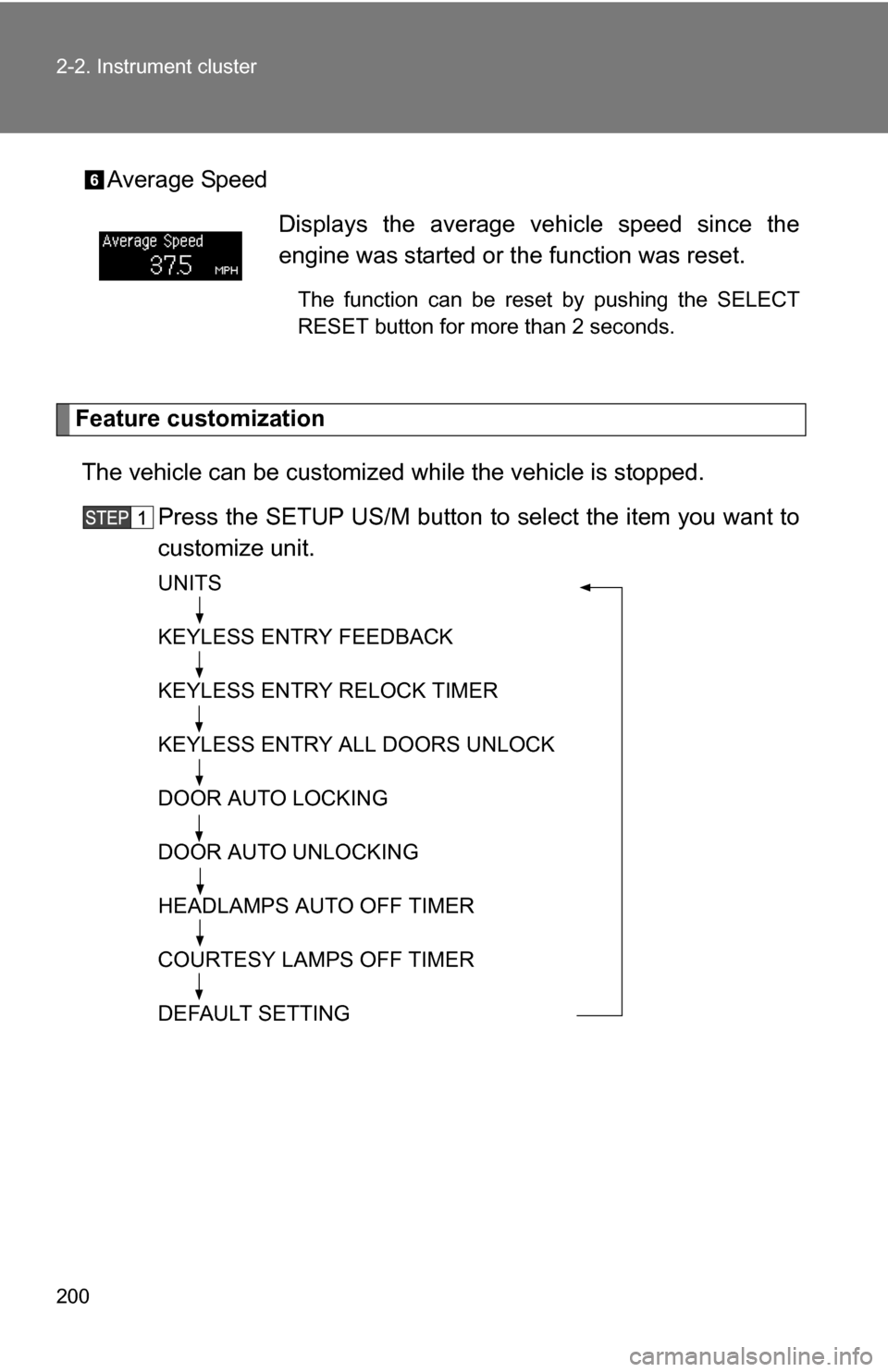 TOYOTA TUNDRA 2009 2.G Owners Manual 200 2-2. Instrument cluster
Average Speed
Feature customizationThe vehicle can be customized  while the vehicle is stopped.
Press the SETUP US/M button to  select the item you want to
customize unit.
