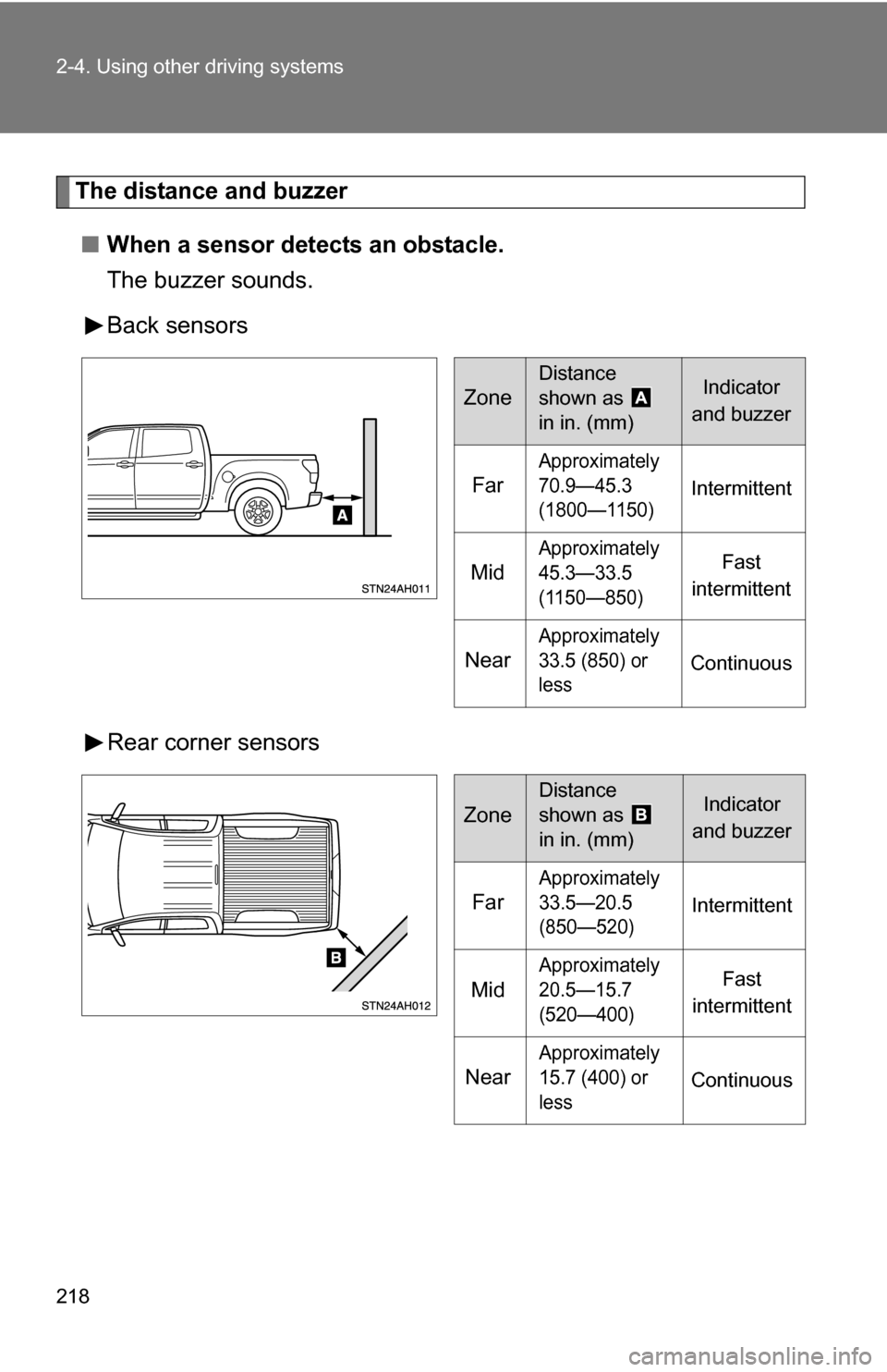TOYOTA TUNDRA 2009 2.G Owners Manual 218 2-4. Using other driving systems
The distance and buzzer■ When a sensor detects an obstacle.
The buzzer sounds.
Back sensors
Rear corner sensors
Zone
Distance 
shown as   
in in. (mm)Indicator 
