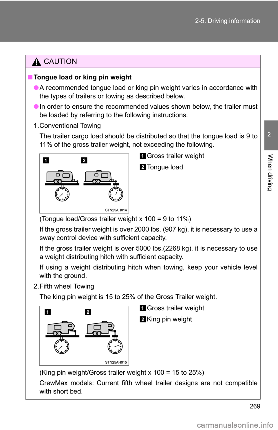 TOYOTA TUNDRA 2009 2.G Owners Manual 269
2-5. Driving information
2
When driving
CAUTION
■
Tongue load or king pin weight
●A recommended tongue load or king pin weight varies in accordance with
the types of trailers or towing as desc TOYOTA TUNDRA 2009 2.G Owners Manual 269
2-5. Driving information
2
When driving
CAUTION
■
Tongue load or king pin weight
●A recommended tongue load or king pin weight varies in accordance with
the types of trailers or towing as desc