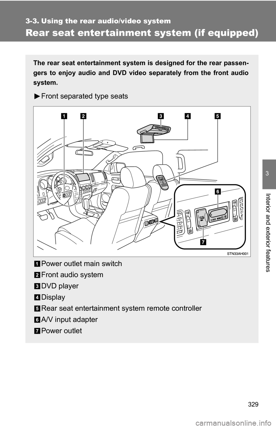TOYOTA TUNDRA 2009 2.G Owners Manual 329
3
Interior and exterior features
3-3. Using the rear audio/video system
Rear seat entertainment system (if equipped)
The rear seat entertainment system is designed for the rear passen-
gers to enj