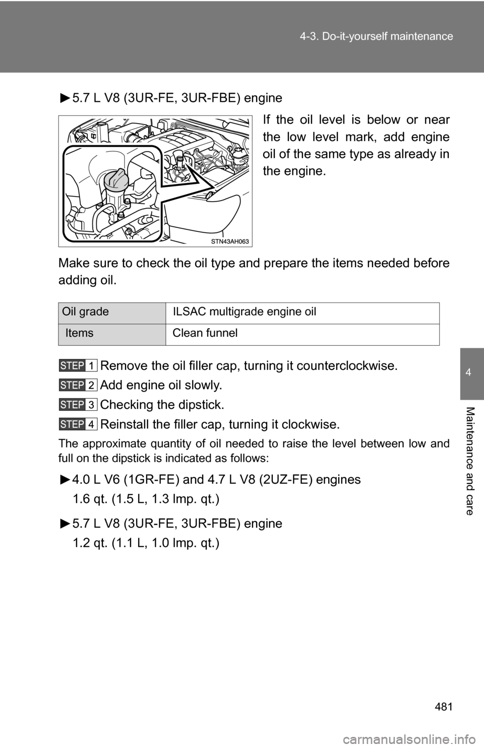 TOYOTA TUNDRA 2009 2.G Owners Manual 481
4-3. Do-it-yourself maintenance
4
Maintenance and care
5.7 L V8 (3UR-FE, 3UR-FBE) engine
If the oil level is below or near
the low level mark, add engine
oil of the same type as already in
the eng