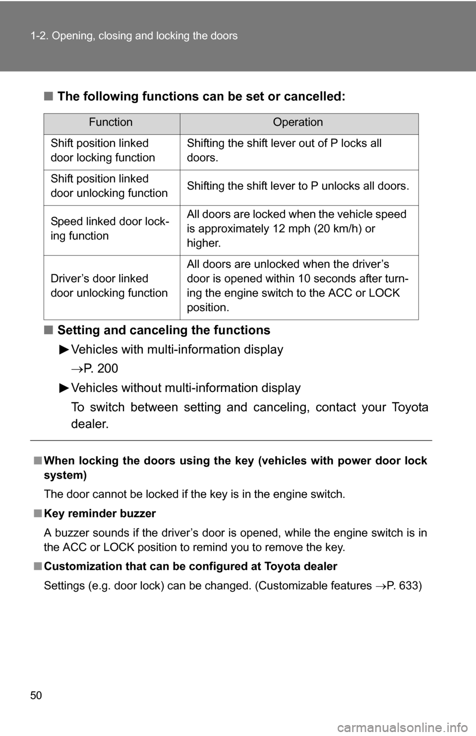TOYOTA TUNDRA 2009 2.G Owners Manual 50 1-2. Opening, closing and locking the doors
■The following functions can be set or cancelled:
■ Setting and canceling the functions
Vehicles with multi-information display
P. 2 0 0
Vehicles TOYOTA TUNDRA 2009 2.G Owners Manual 50 1-2. Opening, closing and locking the doors
■The following functions can be set or cancelled:
■ Setting and canceling the functions
Vehicles with multi-information display
P. 2 0 0
Vehicles