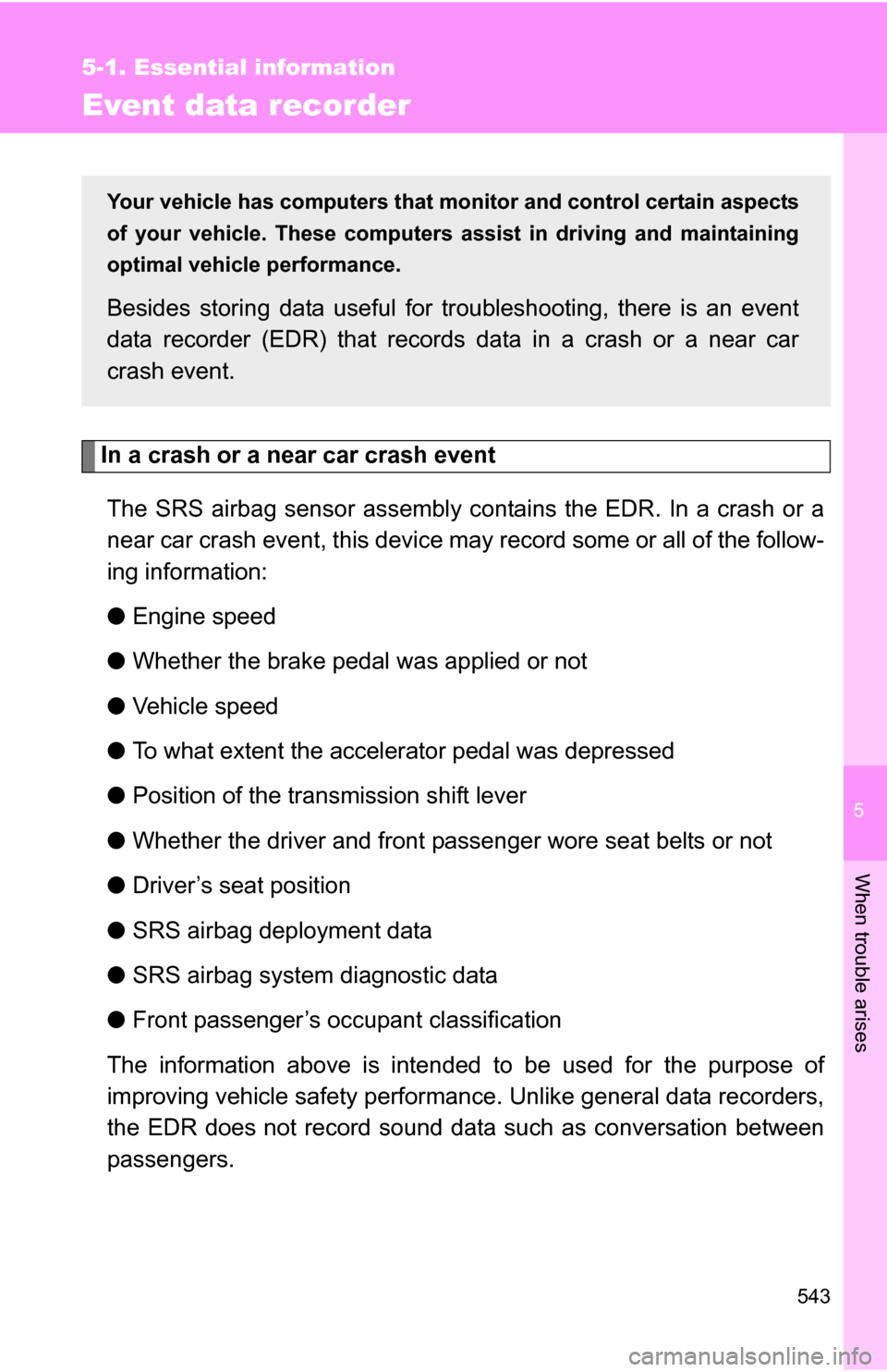 TOYOTA TUNDRA 2009 2.G Owners Manual 5
When trouble arises
543
5-1. Essential information
Event data recorder
In a crash or a near car crash eventThe SRS airbag sensor assembly contains the EDR. In a crash or a
near car crash event, this TOYOTA TUNDRA 2009 2.G Owners Manual 5
When trouble arises
543
5-1. Essential information
Event data recorder
In a crash or a near car crash eventThe SRS airbag sensor assembly contains the EDR. In a crash or a
near car crash event, this