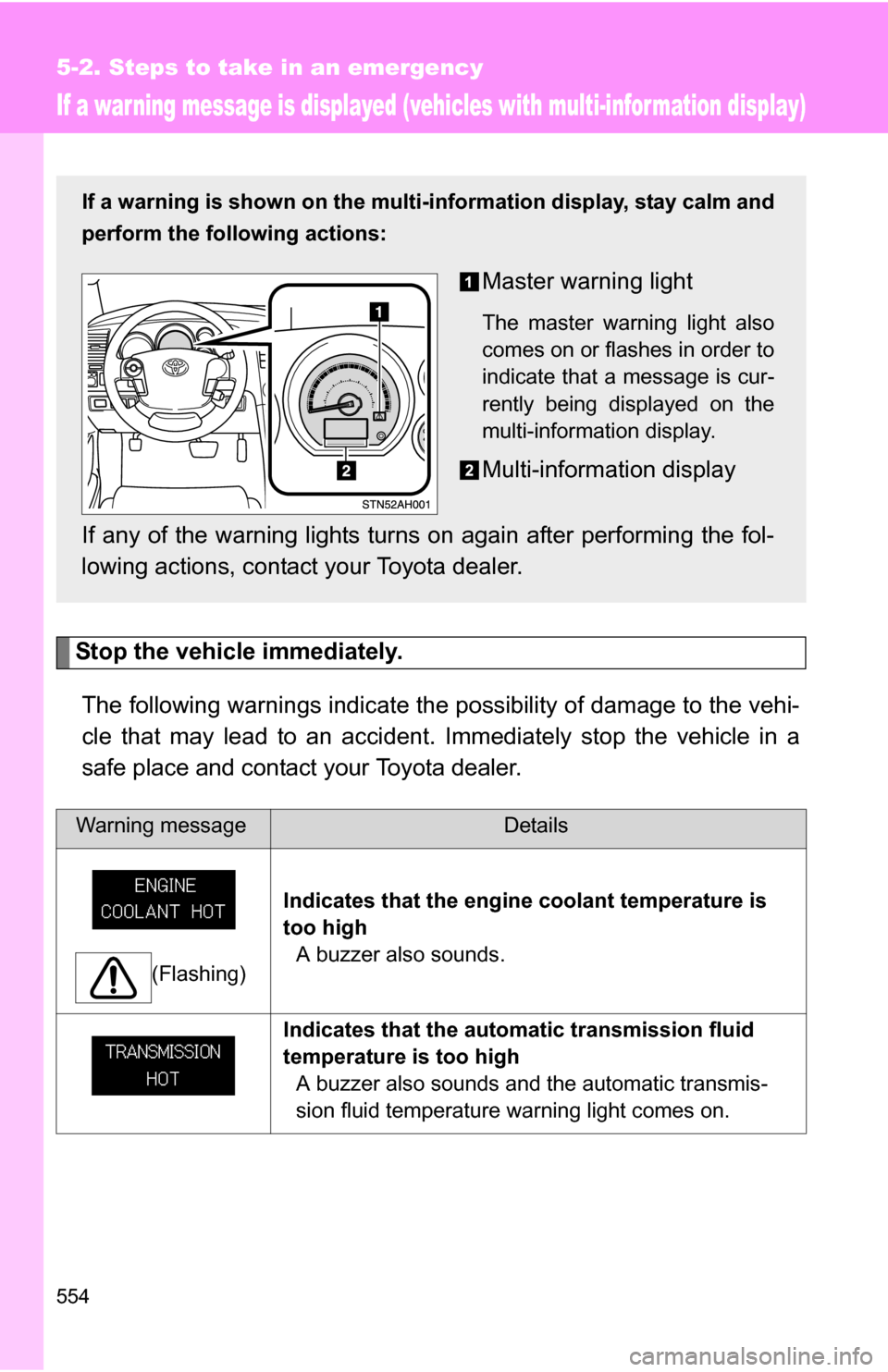 TOYOTA TUNDRA 2009 2.G Owners Manual 554
5-2. Steps to take in an emergency
If a war ning message is displayed (vehicles with multi-infor mation display)
Stop the vehicle immediately.The following warnings indicate the possibility of dam TOYOTA TUNDRA 2009 2.G Owners Manual 554
5-2. Steps to take in an emergency
If a war ning message is displayed (vehicles with multi-infor mation display)
Stop the vehicle immediately.The following warnings indicate the possibility of dam