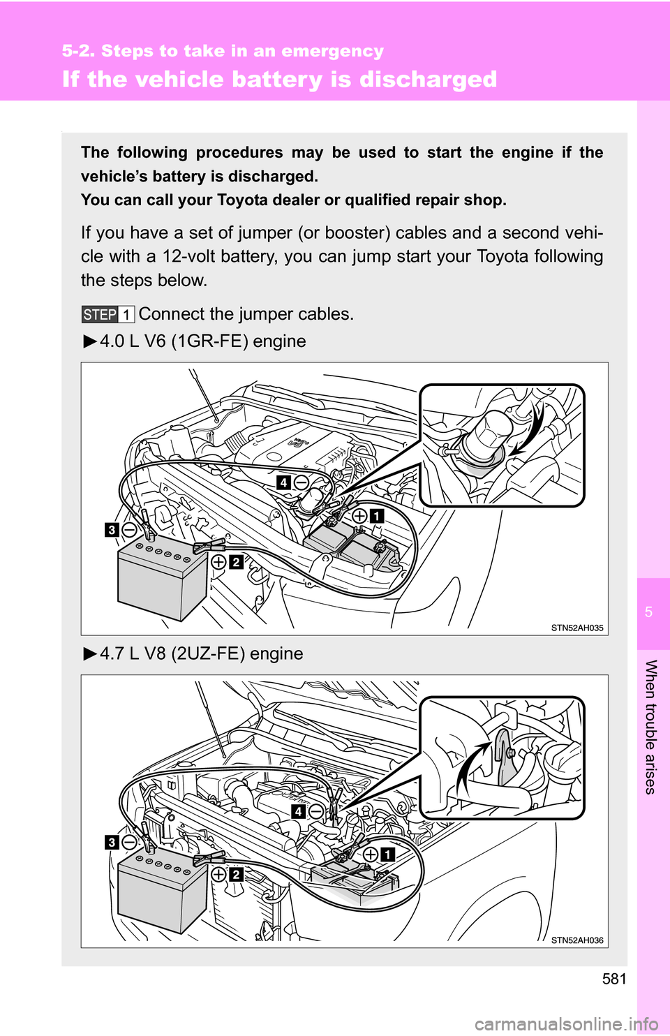 TOYOTA TUNDRA 2009 2.G Owners Manual 5
When trouble arises
581
5-2. Steps to take in an emergency
If the vehicle batter y is discharged
.
The following procedures may be used to start the engine if the
vehicle’s battery is discharged.
