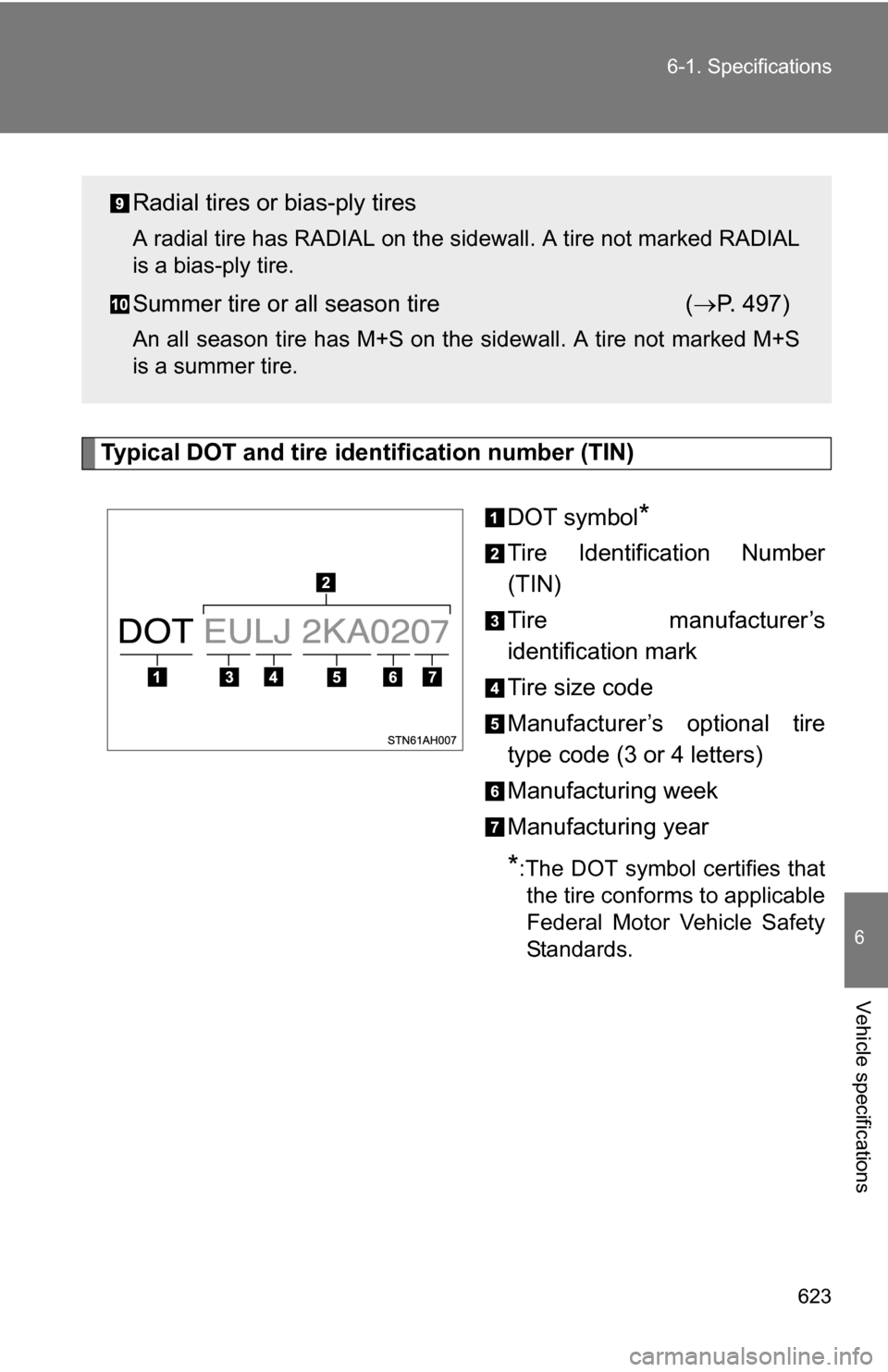 TOYOTA TUNDRA 2009 2.G Owners Manual 623
6-1. Specifications
6
Vehicle specifications
Typical DOT and tire identification number (TIN)
DOT symbol
*
Tire Identification Number
(TIN)
Tire manufacturer’s
identification mark
Tire size code