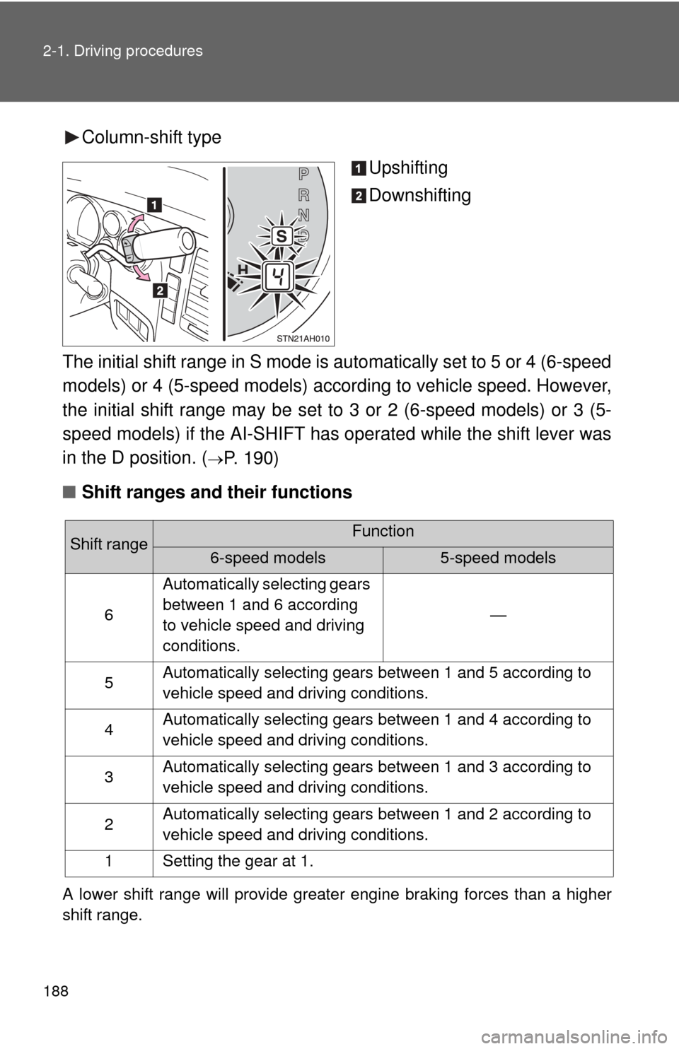 TOYOTA TUNDRA 2010 2.G Owners Manual 188 2-1. Driving procedures
Column-shift typeUpshifting
Downshifting
The initial shift range in S mode is automatically set to 5 or 4 (6-speed
models) or 4 (5-speed models) according to vehicle speed.