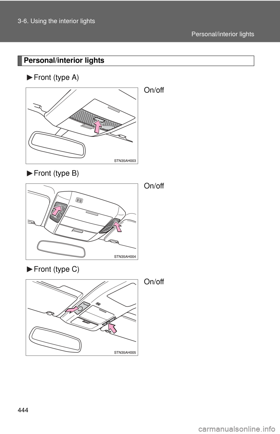 TOYOTA TUNDRA 2010 2.G Owners Manual 444 3-6. Using the interior lights
Personal/interior lightsFront (type A) On/off
Front (type B) On/off
Front (type C) On/off
Personal/interior lights 