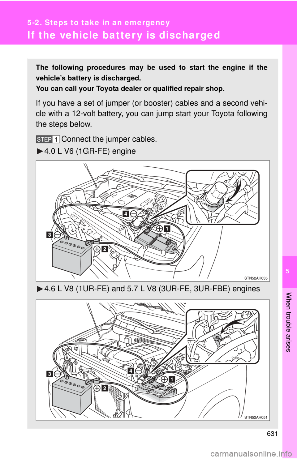 TOYOTA TUNDRA 2010 2.G Owners Manual 5
When trouble arises
631
5-2. Steps to take in an emergency
If the vehicle batter y is discharged
.
The following procedures may be used to start the engine if the
vehicle’s battery is discharged.
