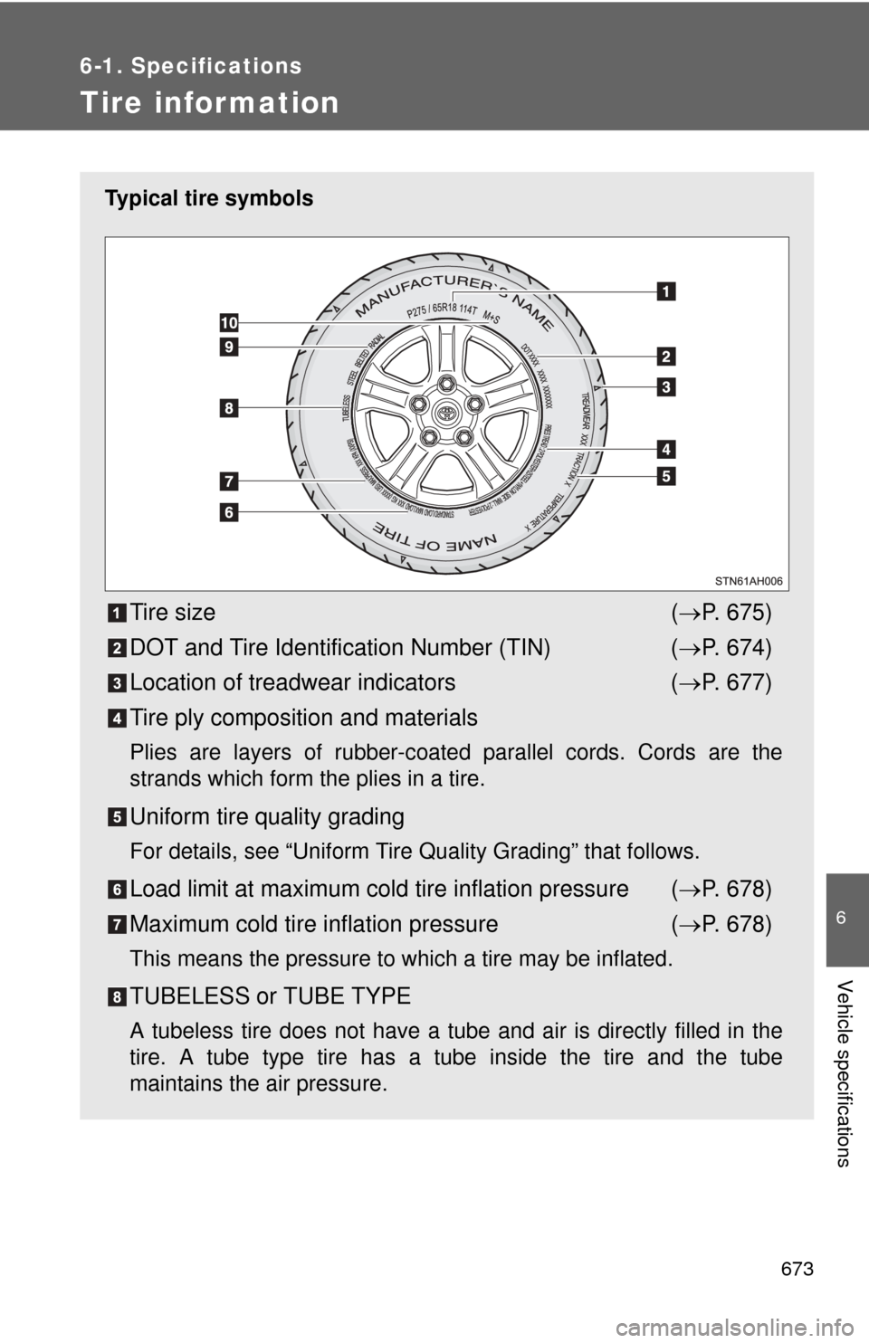 TOYOTA TUNDRA 2010 2.G Owners Manual 673
6-1. Specifications
6
Vehicle specifications
Tire infor mation
Typical tire symbols
Tire size( P. 675)
DOT and Tire Identification Number (TIN) ( P. 674)
Location of treadwear indicators (