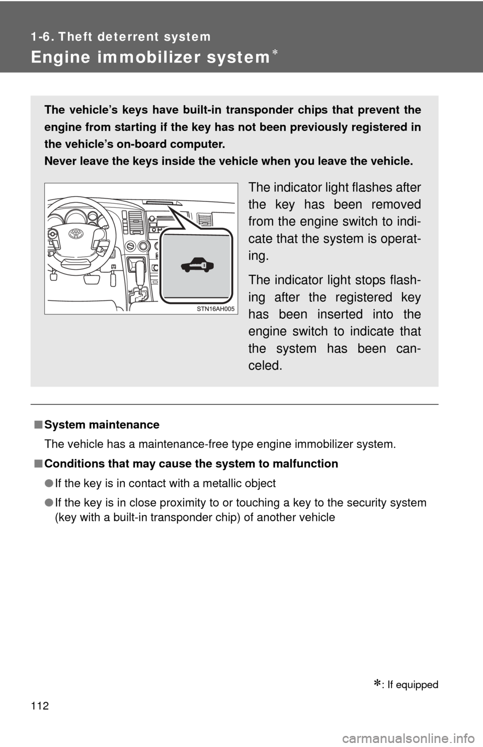 TOYOTA TUNDRA 2011 2.G Owners Manual 112
1-6. Theft deterrent system
Engine immobilizer system
: If equipped
■System maintenance
The vehicle has a maintenance-free type engine immobilizer system.
■ Conditions that may cause the