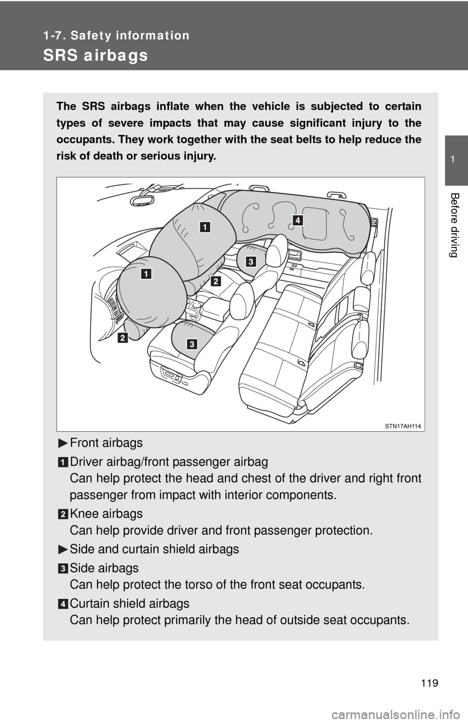 TOYOTA TUNDRA 2011 2.G Owners Manual 119
1
1-7. Safety information
Before driving
SRS airbags
The SRS airbags inflate when the vehicle is subjected to certain
types of severe impacts that may  cause significant injury to the
occupants. T