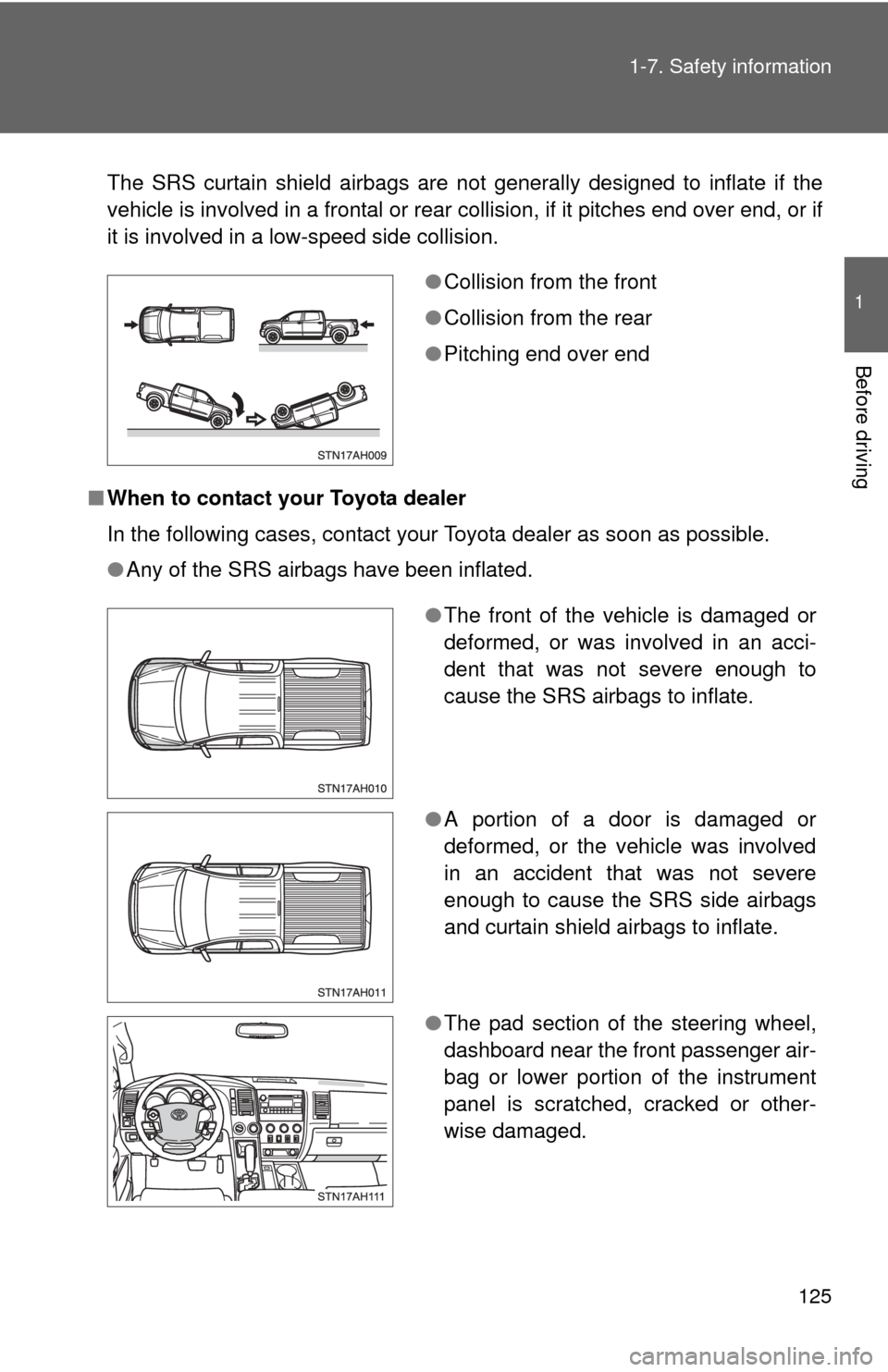 TOYOTA TUNDRA 2011 2.G Owners Manual 125
1-7. Safety information
1
Before driving
The SRS curtain shield airbags are not generally designed to inflate if the
vehicle is involved in a frontal or rear co
llision, if it pitches end over end TOYOTA TUNDRA 2011 2.G Owners Manual 125
1-7. Safety information
1
Before driving
The SRS curtain shield airbags are not generally designed to inflate if the
vehicle is involved in a frontal or rear co
llision, if it pitches end over end
