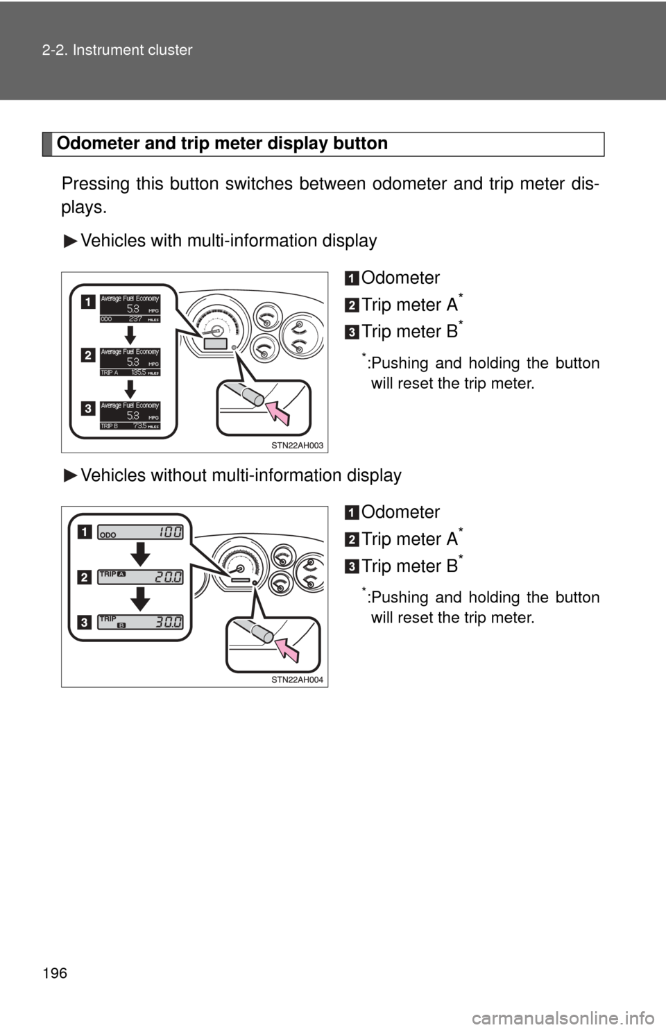 TOYOTA TUNDRA 2011 2.G Owners Manual 196 2-2. Instrument cluster
Odometer and trip meter display button 
Pressing this button switches between odometer and trip meter dis-
plays.
Vehicles with multi-information display
Odometer
Trip mete