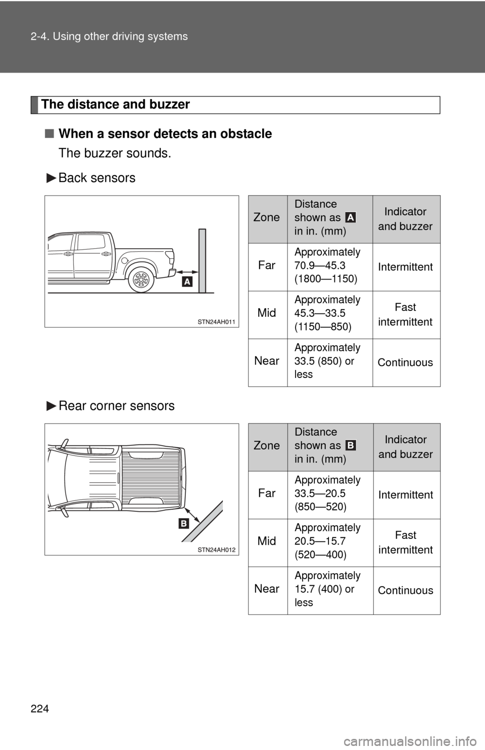 TOYOTA TUNDRA 2011 2.G Owners Manual 224 2-4. Using other driving systems
The distance and buzzer■ When a sensor detects an obstacle
The buzzer sounds.
Back sensors
Rear corner sensors
Zone
Distance 
shown as   
in in. (mm)Indicator 
a