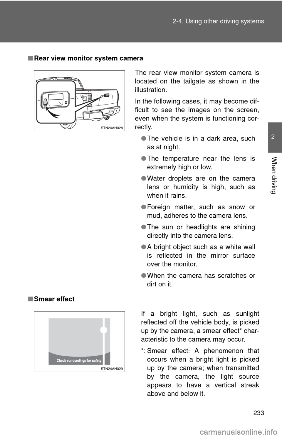 TOYOTA TUNDRA 2011 2.G Owners Manual 233
2-4. Using other
driving systems
2
When driving
■Rear view monitor system camera
■ Smear effect
The rear view monitor system camera is
located on the tailgate as shown in the
illustration.
In TOYOTA TUNDRA 2011 2.G Owners Manual 233
2-4. Using other
driving systems
2
When driving
■Rear view monitor system camera
■ Smear effect
The rear view monitor system camera is
located on the tailgate as shown in the
illustration.
In