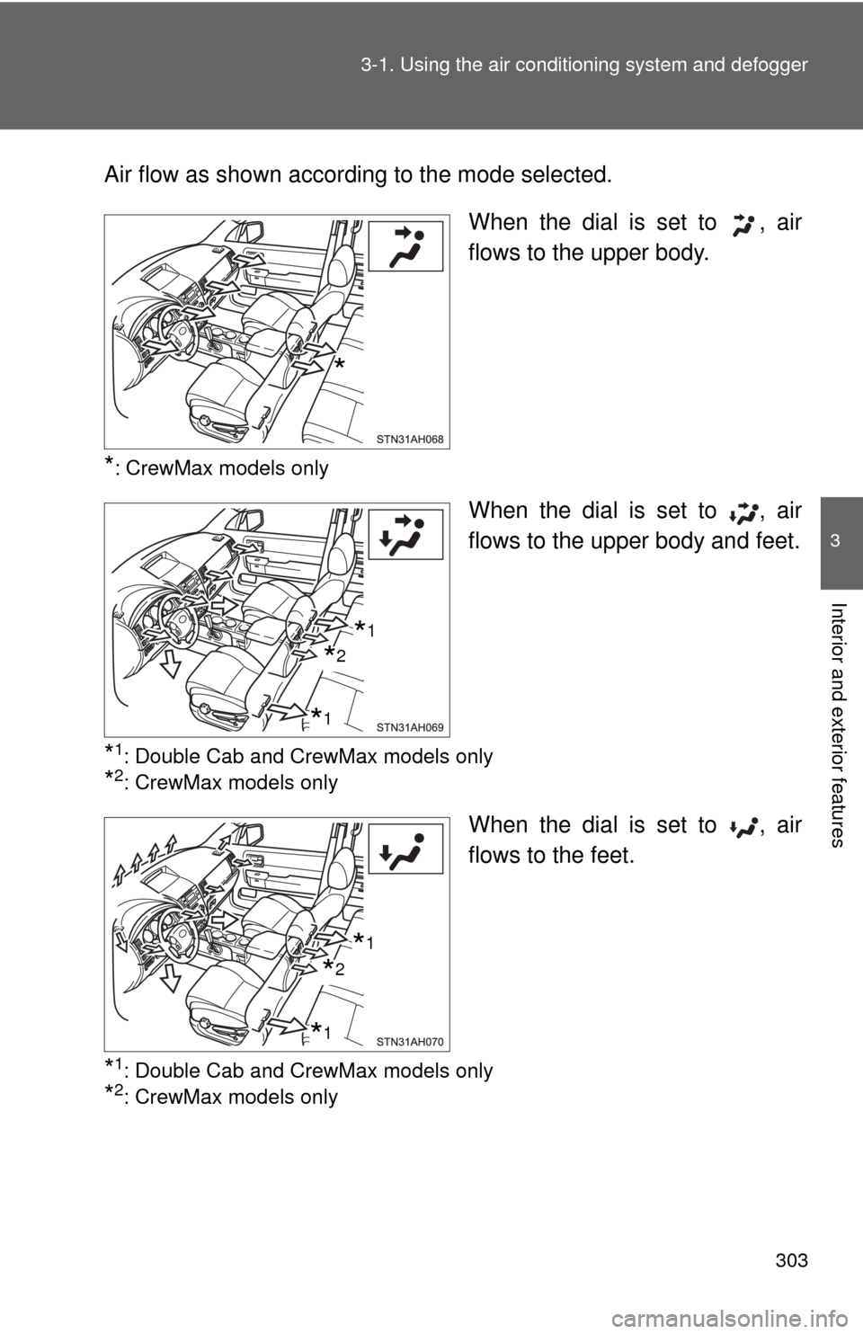 TOYOTA TUNDRA 2011 2.G Owners Manual 303
3-1. Using the air conditioning system
 and defogger
3
Interior and exterior features
Air flow as shown according to the mode selected.
When the dial is set to  , air
flows to the upper body.
*: C