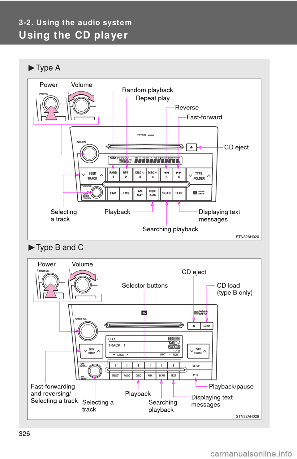 TOYOTA TUNDRA 2011 2.G Owners Manual 326
3-2. Using the audio system
Using the CD player
Ty p e  A
Type B and C
Random playbackRepeat play
Playback CD eject
Displaying text 
messages
Selecting 
a track
Fast-forward
Reverse
Searching play