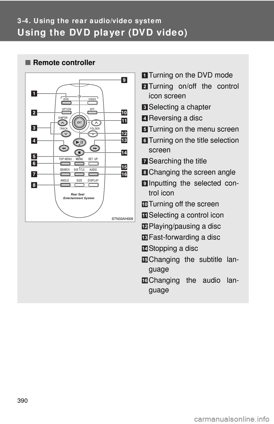 TOYOTA TUNDRA 2011 2.G Owners Manual 390
3-4. Using the rear audio/video system
Using the DVD player (DVD video)
■Remote controller
Turning on the DVD mode 
Turning on/off the control
icon screen
Selecting a chapter
Reversing a disc
Tu