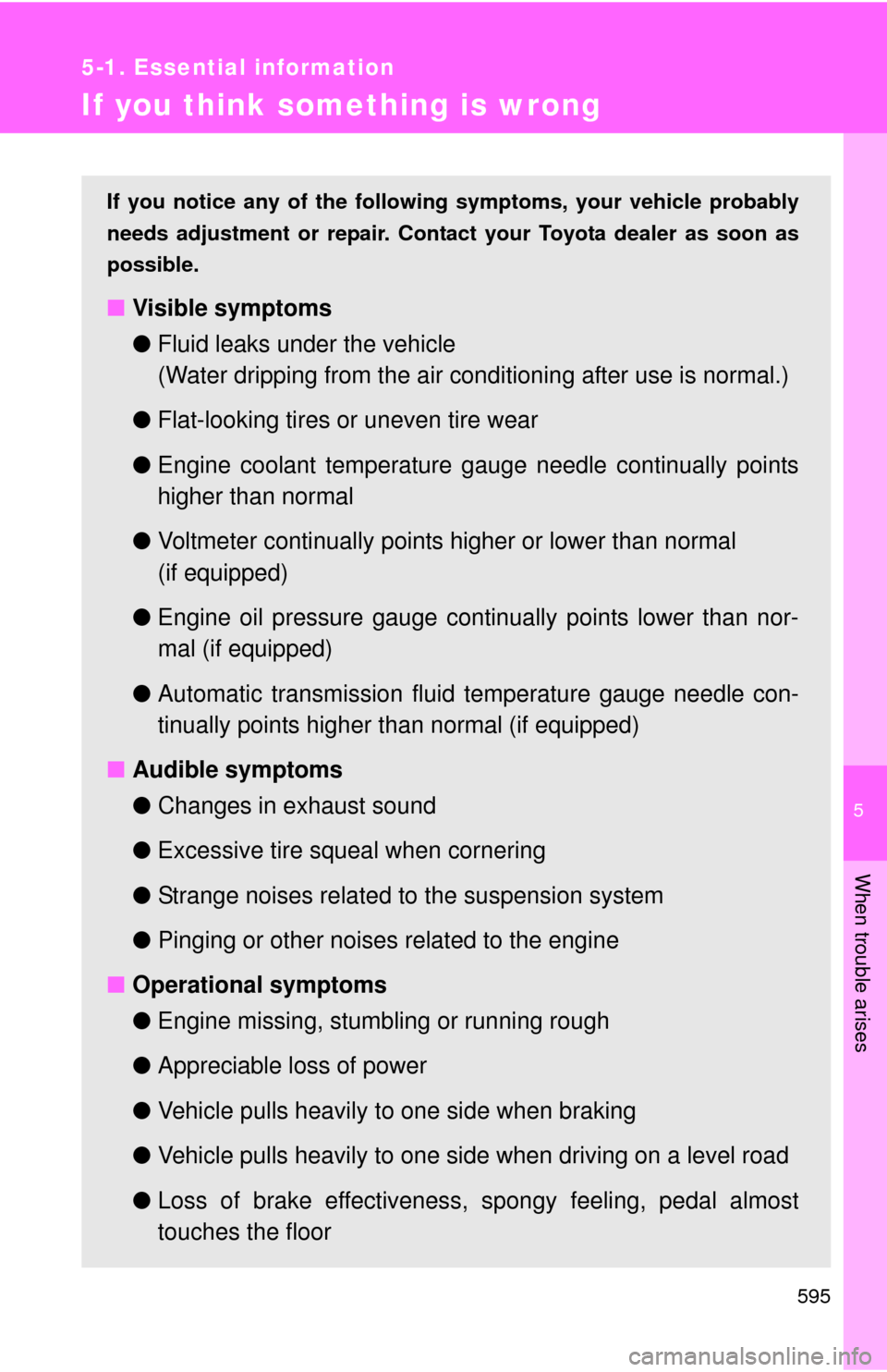 TOYOTA TUNDRA 2011 2.G Owners Manual 5
When trouble arises
595
5-1. Essential information
If you think something is wrong
If you notice any of the following symptoms, your vehicle probably
needs adjustment or repair. Contact your Toyota TOYOTA TUNDRA 2011 2.G Owners Manual 5
When trouble arises
595
5-1. Essential information
If you think something is wrong
If you notice any of the following symptoms, your vehicle probably
needs adjustment or repair. Contact your Toyota
