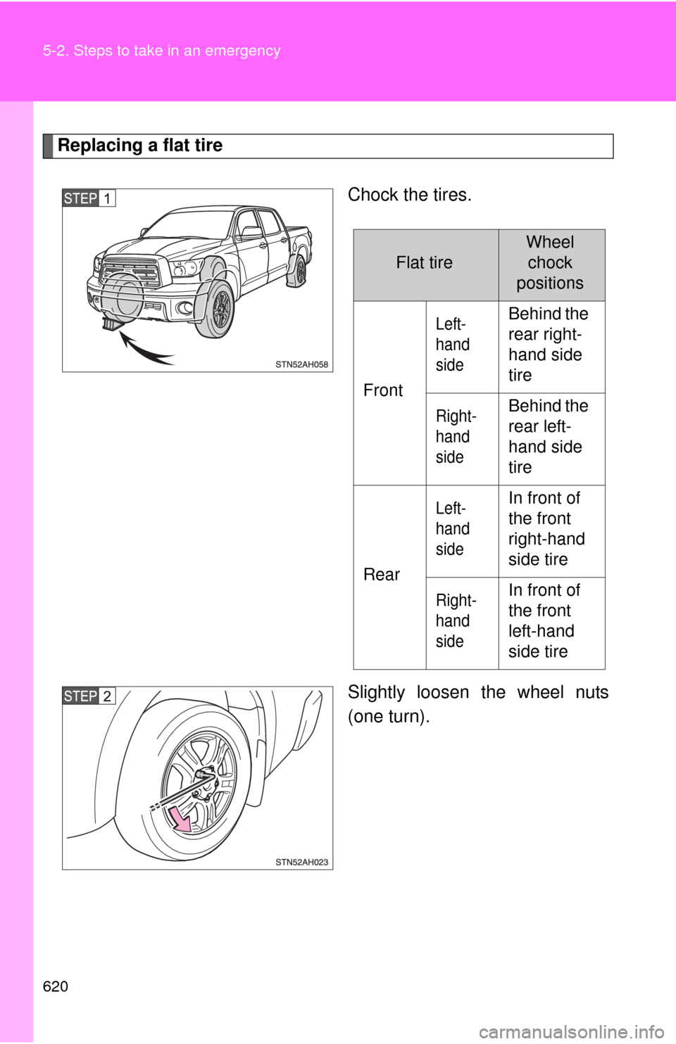 TOYOTA TUNDRA 2011 2.G Owners Manual 620 5-2. Steps to take in an emergency
Replacing a flat tireChock the tires.
Slightly loosen the wheel nuts
(one turn).
Flat tire
Wheelchock
positions
Front
Left-
hand 
sideBehind the 
rear right-
han