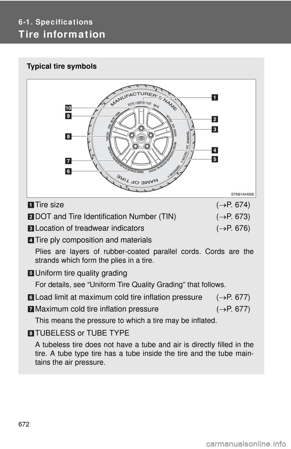 TOYOTA TUNDRA 2011 2.G Owners Manual 672
6-1. Specifications
Tire infor mation
Typical tire symbols
Tire size( P. 674)
DOT and Tire Identification Number (TIN) ( P. 673)
Location of treadwear indicators ( P. 676)
Tire ply compos