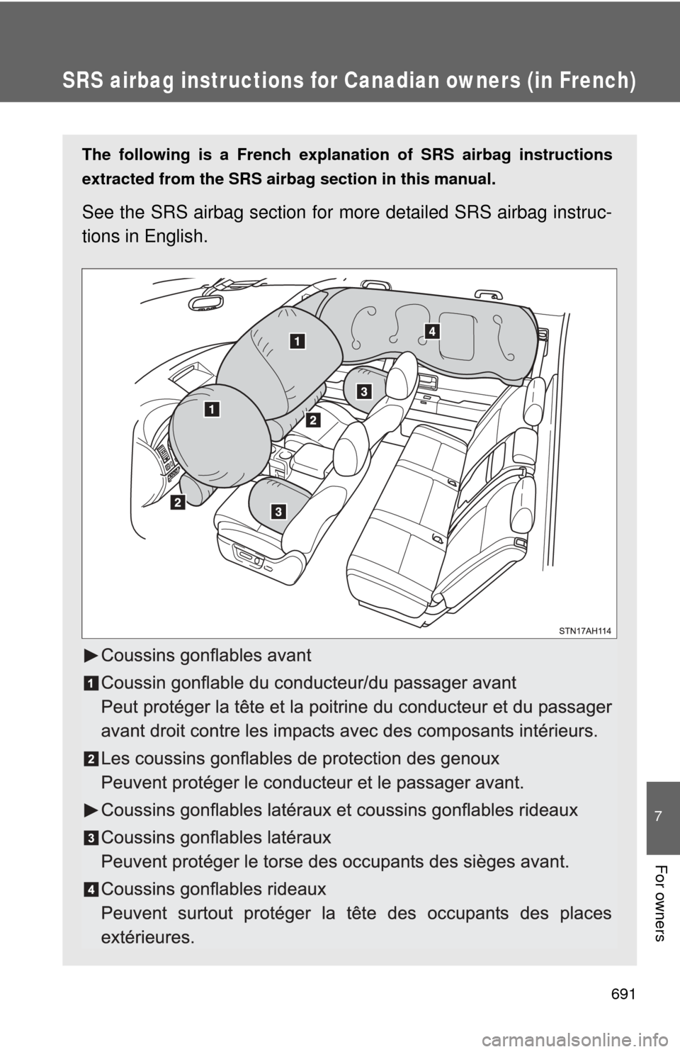 TOYOTA TUNDRA 2011 2.G Owners Manual 691
7
For owners
SRS airbag instructions for Canadian owners (in French)
The following is a French explanation of SRS airbag instructions
extracted from the SRS airbag section in this manual.
See the 