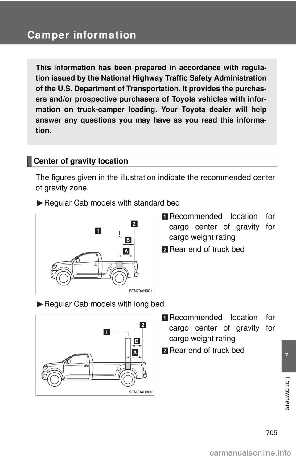 TOYOTA TUNDRA 2011 2.G Owners Manual 705
7
For owners
Camper information
Center of gravity locationThe figures given in the illustration indicate the recommended center
of gravity zone. Regular Cab models with standard bed Recommended lo