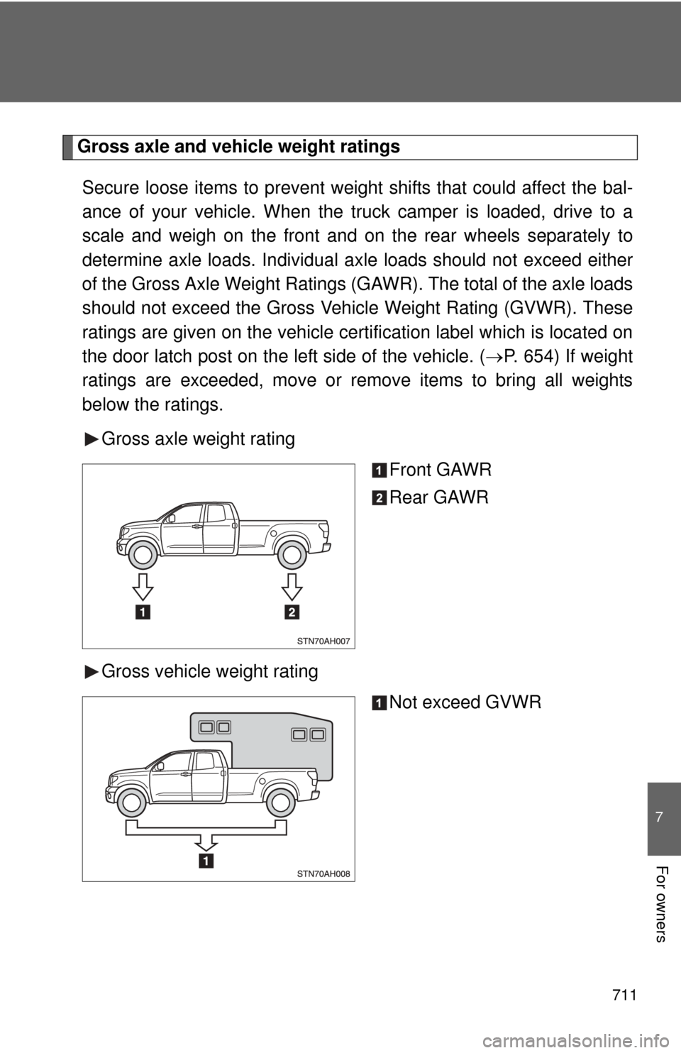 TOYOTA TUNDRA 2011 2.G Owners Manual 711
7
For owners
Gross axle and vehicle weight ratingsSecure loose items to prevent weight shifts that could affect the bal-
ance of your vehicle. When the truck camper is loaded, drive to a
scale and