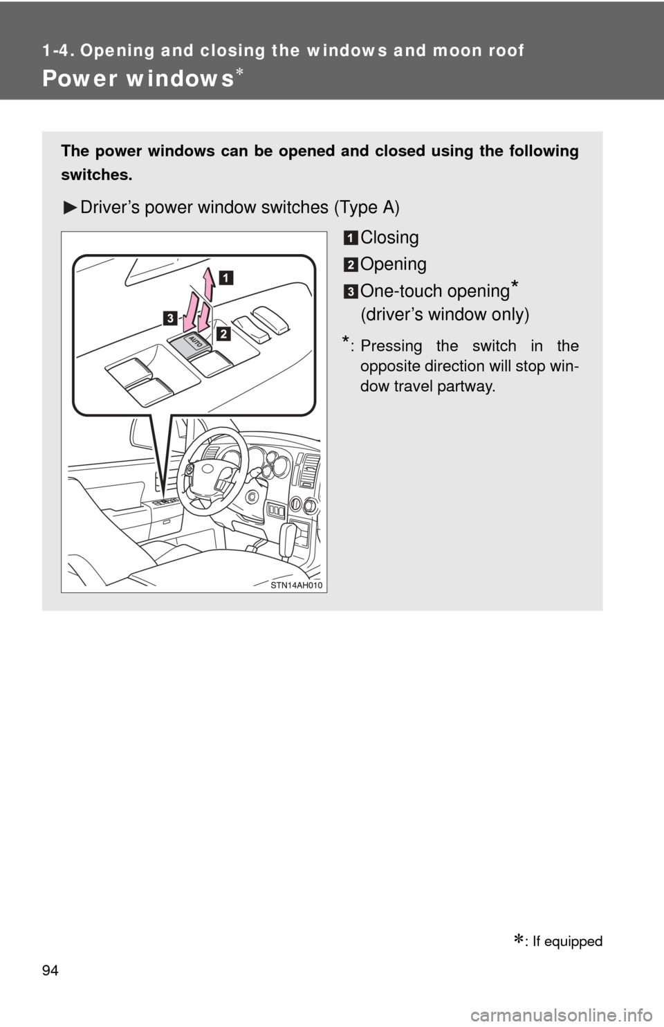 TOYOTA TUNDRA 2011 2.G Owners Manual 94
1-4. Opening and closing the windows and moon roof
Power windows
: If equipped
The power windows can be opened and closed using the following
switches.
Driver’s power window switches (Type 