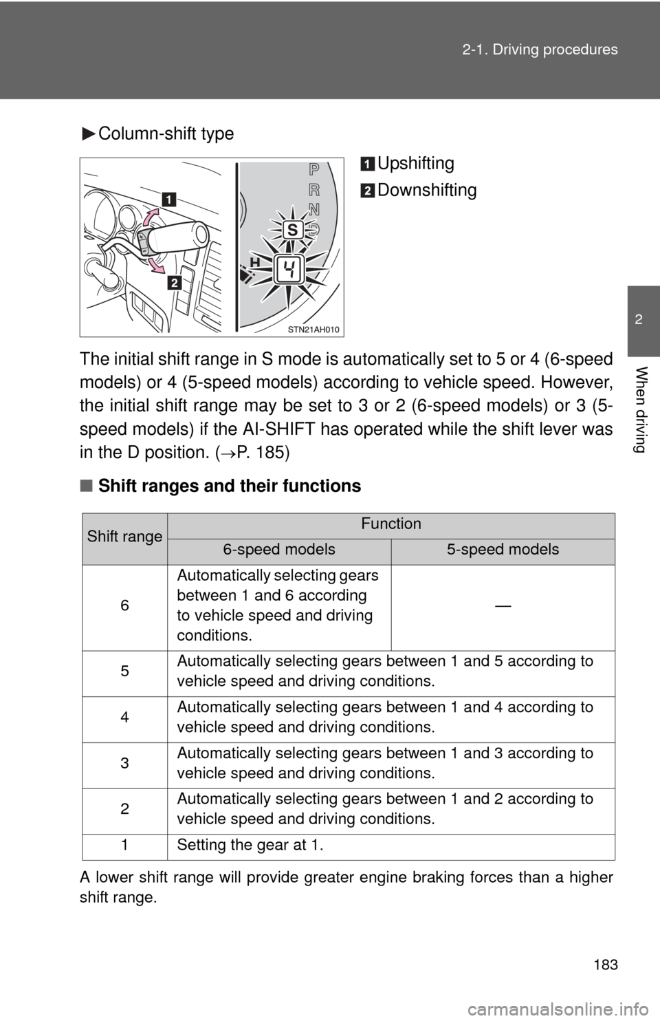 TOYOTA TUNDRA 2012 2.G Owners Manual 183
2-1. Driving procedures
2
When driving
Column-shift type
Upshifting
Downshifting
The initial shift range in S mode is automatically set to 5 or 4 (6-speed
models) or 4 (5-speed models) according t