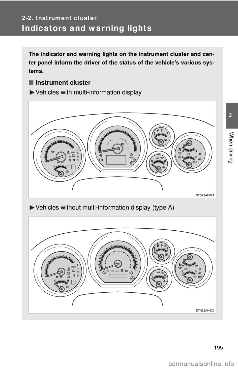 TOYOTA TUNDRA 2012 2.G Owners Manual 195
2-2. Instrument cluster
2
When driving
Indicators and warning lights
The indicator and warning lights on the instrument cluster and cen-
ter panel inform the driver of the  status of the vehicle
