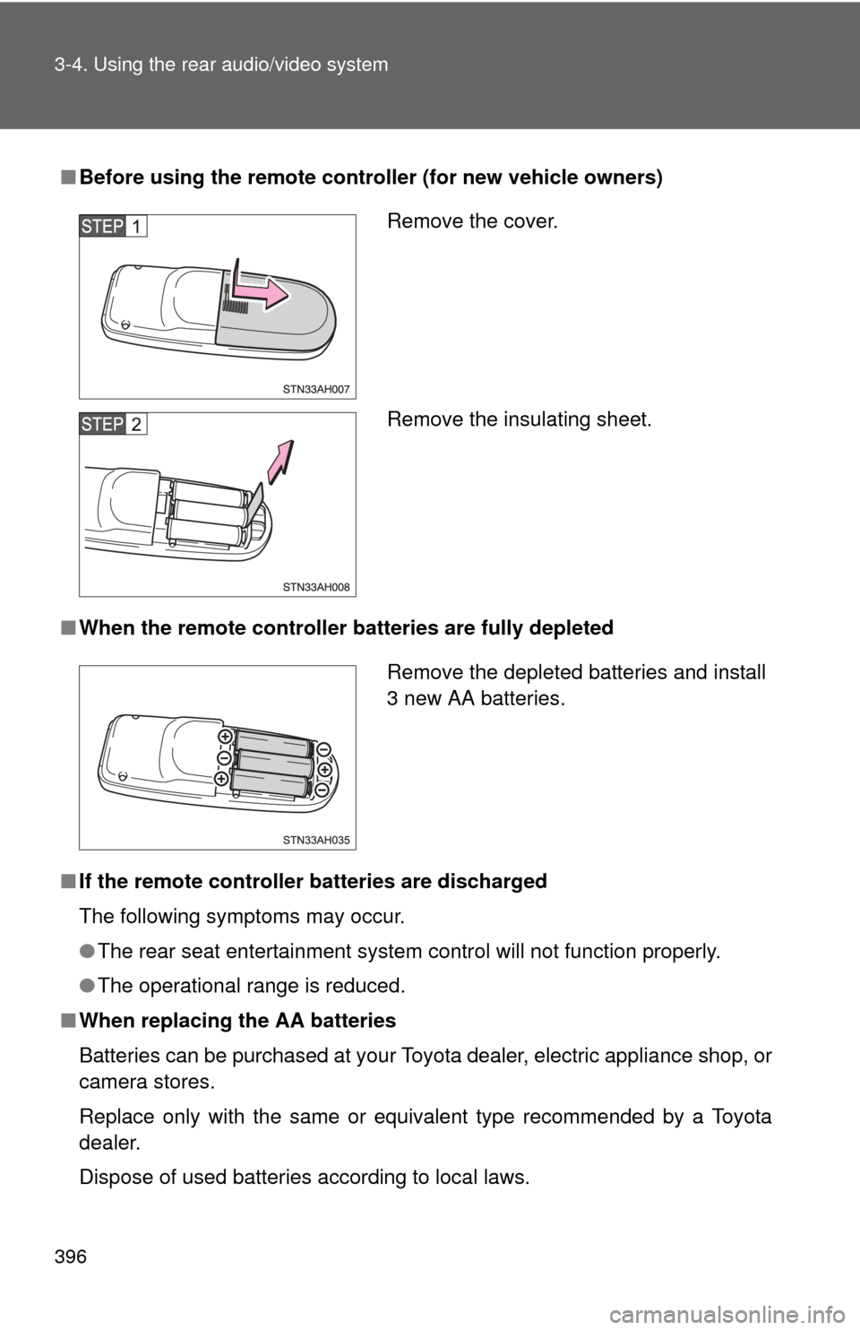 TOYOTA TUNDRA 2012 2.G Owners Manual 396 3-4. Using the rear audio/video system
■Before using the remote controller (for new vehicle owners)
■ When the remote controller batteries are fully depleted
■ If the remote controller batte