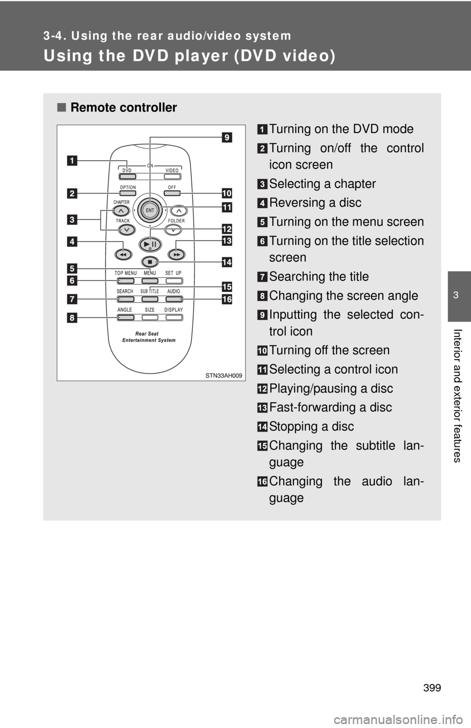 TOYOTA TUNDRA 2012 2.G Owners Manual 399
3-4. Using the rear audio/video system
3
Interior and exterior features
Using the DVD player (DVD video)
■Remote controller
Turning on the DVD mode 
Turning on/off the control
icon screen
Select