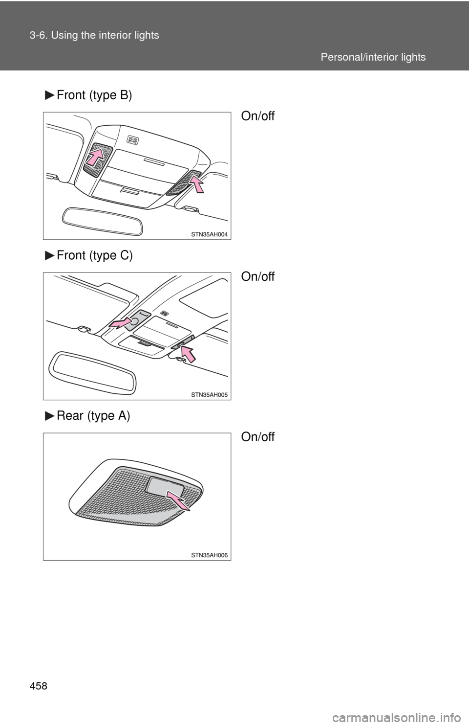 TOYOTA TUNDRA 2012 2.G Owners Manual 458 3-6. Using the interior lights
Front (type B)On/off
Front (type C) On/off
Rear (type A) On/off
Personal/interior lights 