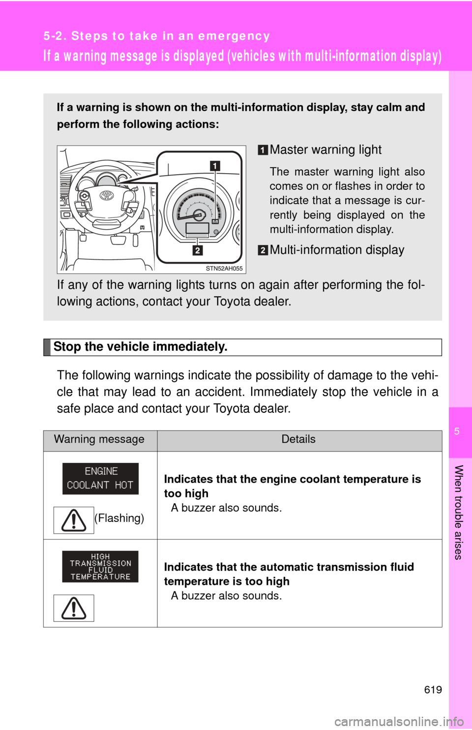 TOYOTA TUNDRA 2012 2.G Owners Manual 5
When trouble arises
619
5-2. Steps to take in an emergency
If a war ning message is displayed (vehicles with multi-infor mation display)
Stop the vehicle immediately.The following warnings indicate 