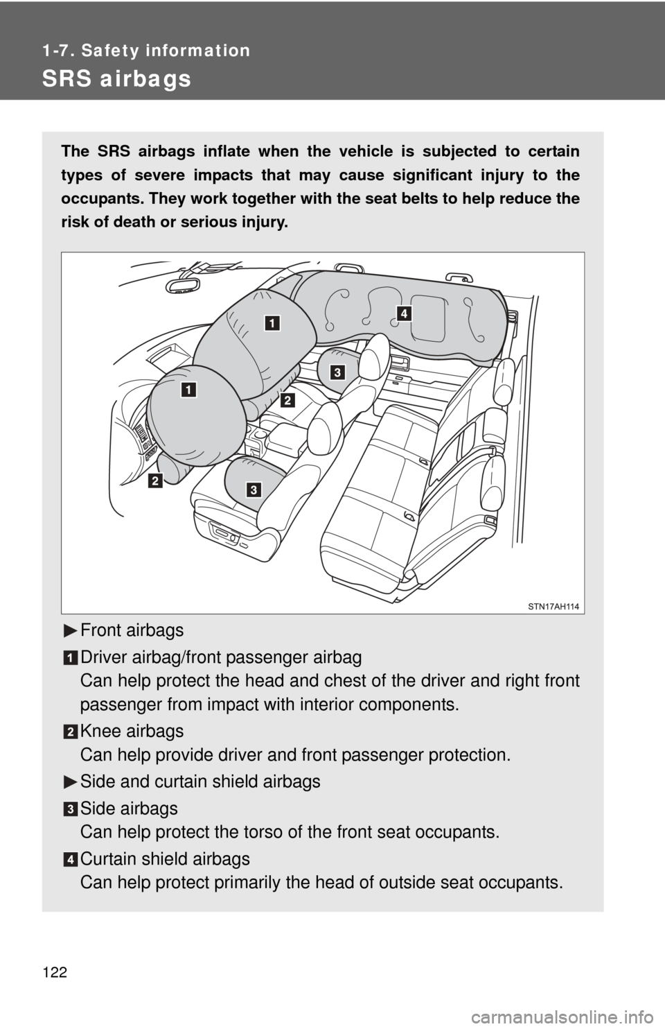 TOYOTA TUNDRA 2013 2.G Owners Manual 122
1-7. Safety information
SRS airbags
The SRS airbags inflate when the vehicle is subjected to certain
types of severe impacts that may  cause significant injury to the
occupants. They work together