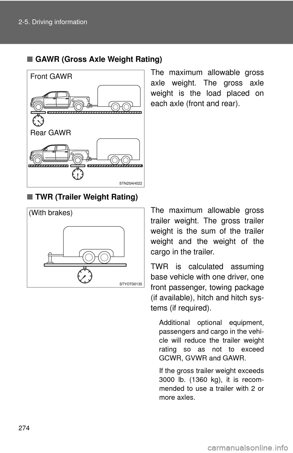 TOYOTA TUNDRA 2013 2.G Owners Manual 274 2-5. Driving information
■GAWR (Gross Axle Weight Rating)
The maximum allowable gross
axle weight. The gross axle
weight is the load placed on
each axle (front and rear).
■ TWR (Trailer Weight