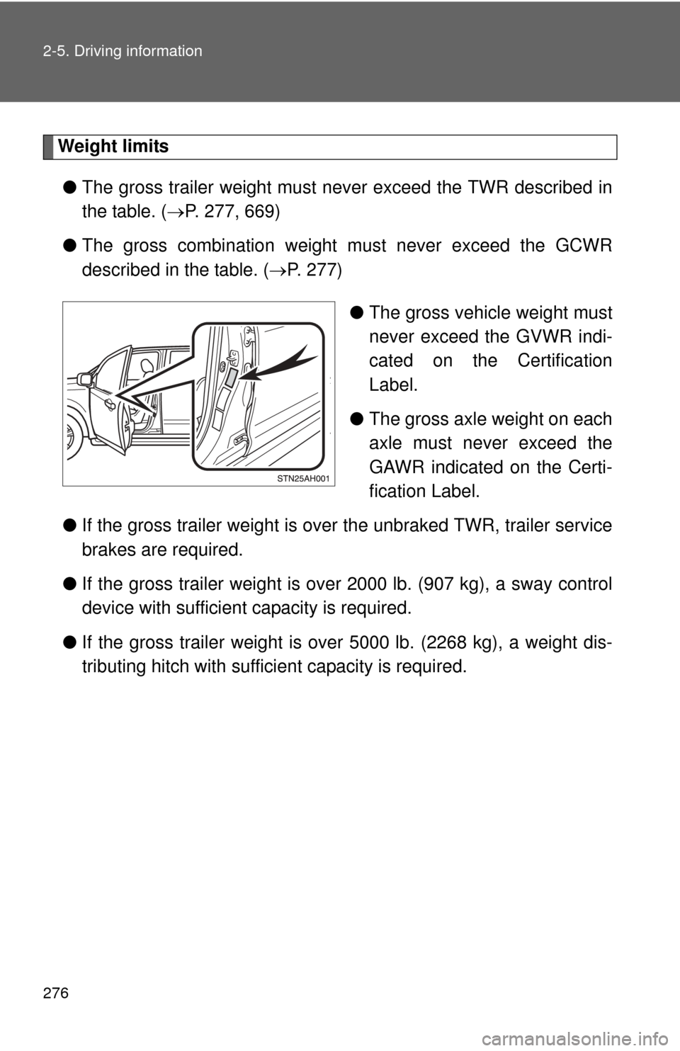 TOYOTA TUNDRA 2013 2.G Owners Manual 276 2-5. Driving information
Weight limits● The gross trailer weight must  never exceed the TWR described in
the table. ( P. 277, 669)
● The gross combination weight must never exceed the GCWR
