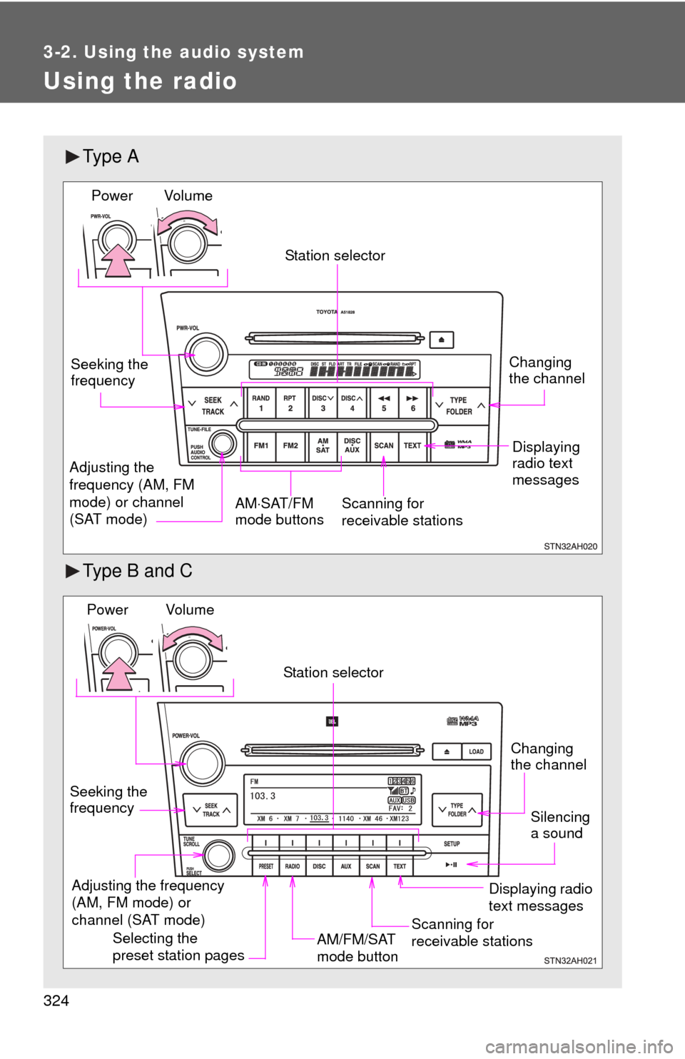 TOYOTA TUNDRA 2013 2.G Owners Manual 324
3-2. Using the audio system
Using the radio
Ty p e  A
Type B and C
Vol u m eScanning for 
receivable stations
Station selector
Seeking the 
frequency
Adjusting the 
frequency (AM, FM 
mode) or cha