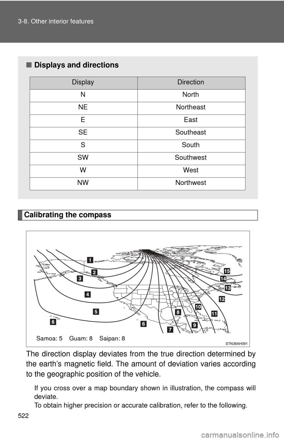 TOYOTA TUNDRA 2013 2.G Owners Manual 522 3-8. Other interior features
Calibrating the compassThe direction display deviates fr om the true direction determined by
the earth’s magnetic field. The amoun t of deviation varies according
to
