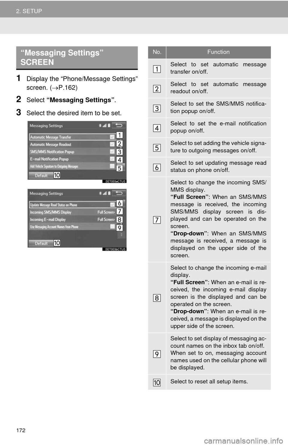 TOYOTA TUNDRA 2014 2.G Navigation Manual 172
2. SETUP
1Display the “Phone/Message Settings”
screen. (P.162)
2Select “Messaging Settings”.
3Select the desired item to be set.
“Messaging Settings”
SCREEN No.Function
Select to s TOYOTA TUNDRA 2014 2.G Navigation Manual 172
2. SETUP
1Display the “Phone/Message Settings”
screen. (P.162)
2Select “Messaging Settings”.
3Select the desired item to be set.
“Messaging Settings”
SCREEN No.Function
Select to s
