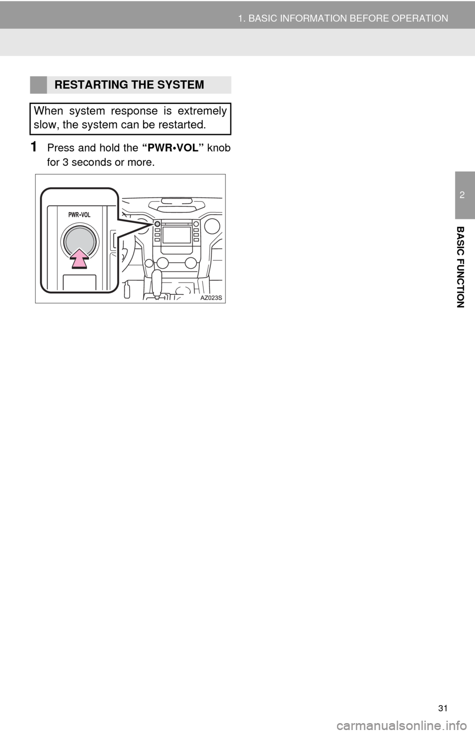 TOYOTA TUNDRA 2014 2.G Navigation Manual 31
1. BASIC INFORMATION BEFORE OPERATION
2
BASIC FUNCTION
1Press and hold the “PWR•VOL” knob
for 3 seconds or more.
RESTARTING THE SYSTEM
When system response is extremely
slow, the system can b