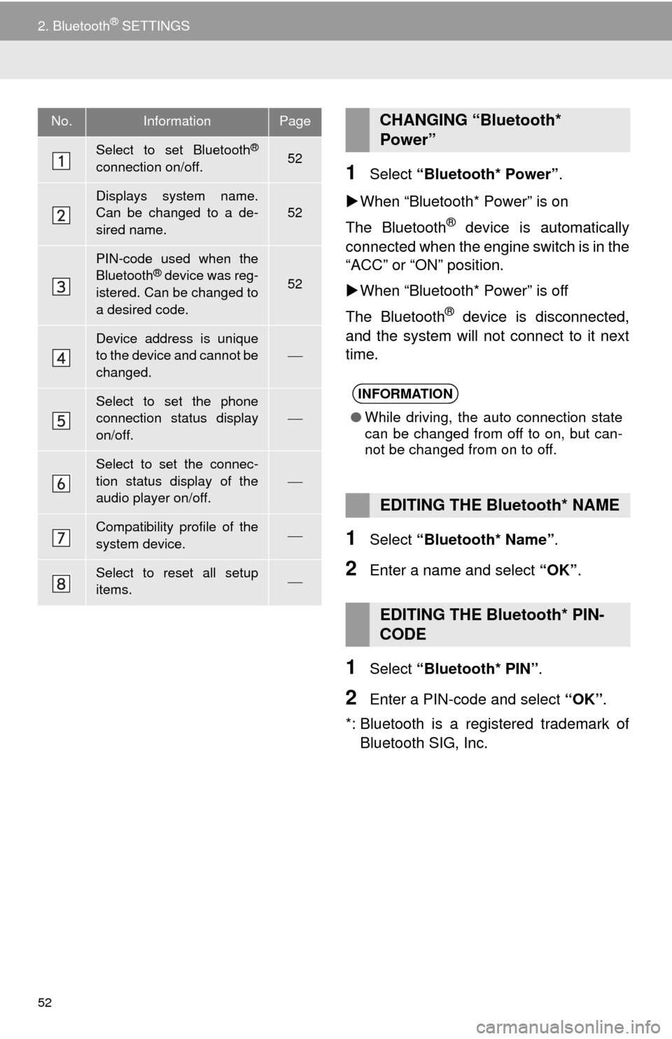 TOYOTA TUNDRA 2014 2.G Navigation Manual 52
2. Bluetooth® SETTINGS
1Select “Bluetooth* Power”.
When “Bluetooth* Power” is on
The Bluetooth
® device is automatically
connected when the engine switch is in the
“ACC” or “ON
