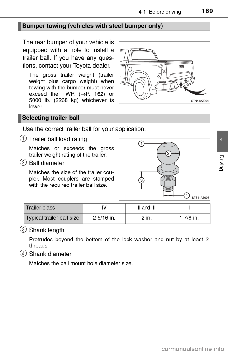 TOYOTA TUNDRA 2014 2.G Owners Manual 1694-1. Before driving
4
Driving
The rear bumper of your vehicle is
equipped with a hole to install a
trailer ball. If you have any ques-
tions, contact your Toyota dealer.
The gross trailer weight (t
